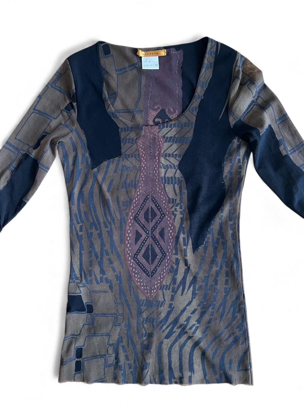 Top tulle mesh stampato tribale con manica 3 / 4 arricciata