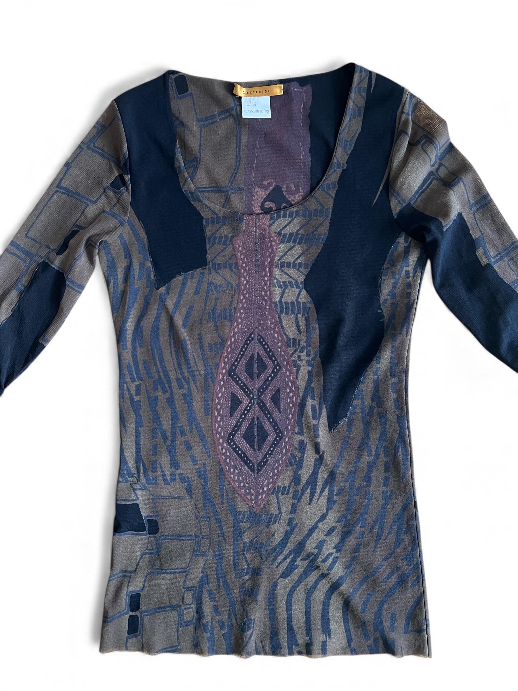 Top tulle mesh stampato tribale con manica 3 / 4 arricciata