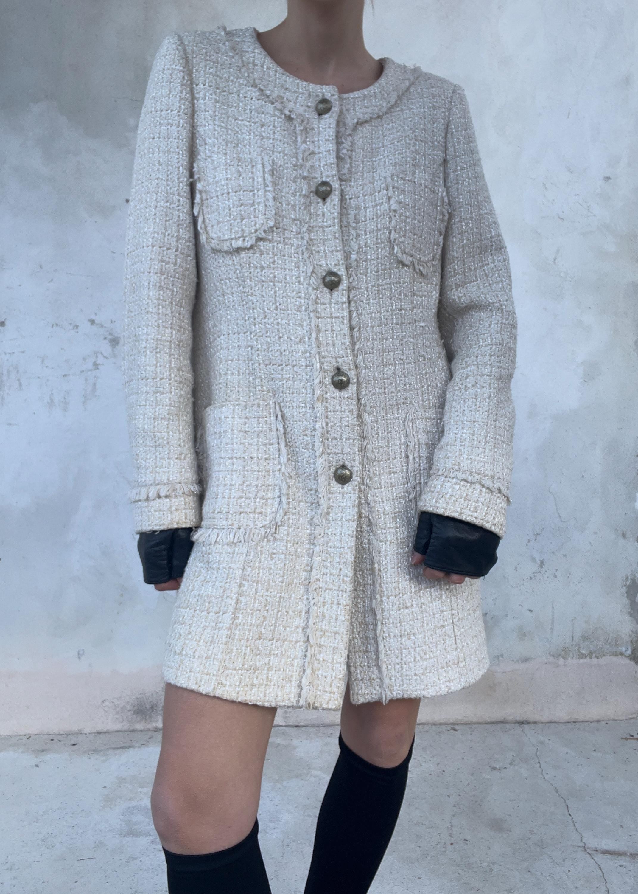 Giacca Bouclé Panna con Frange e Tasche Applicate