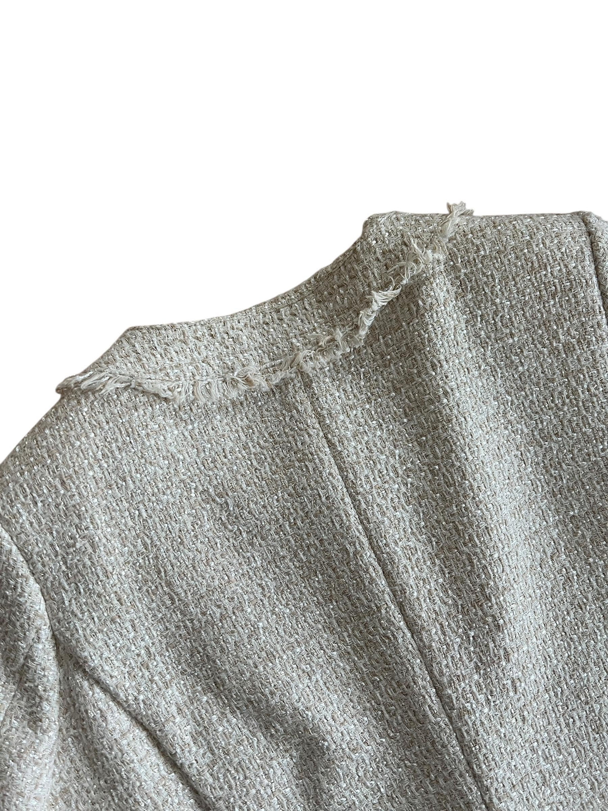 Giacca Bouclé Panna con Frange e Tasche Applicate