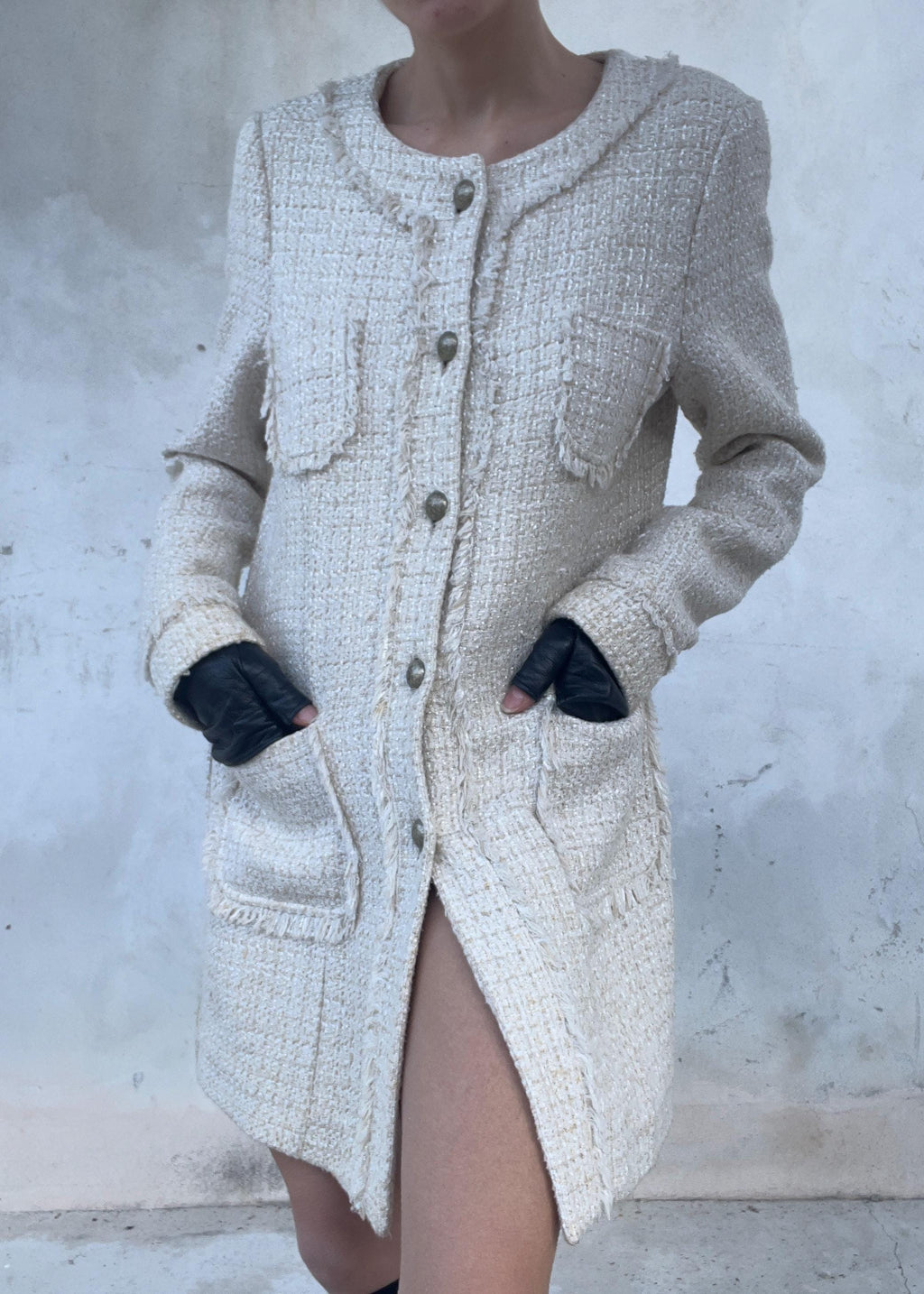 Giacca Bouclé Panna con Frange e Tasche Applicate