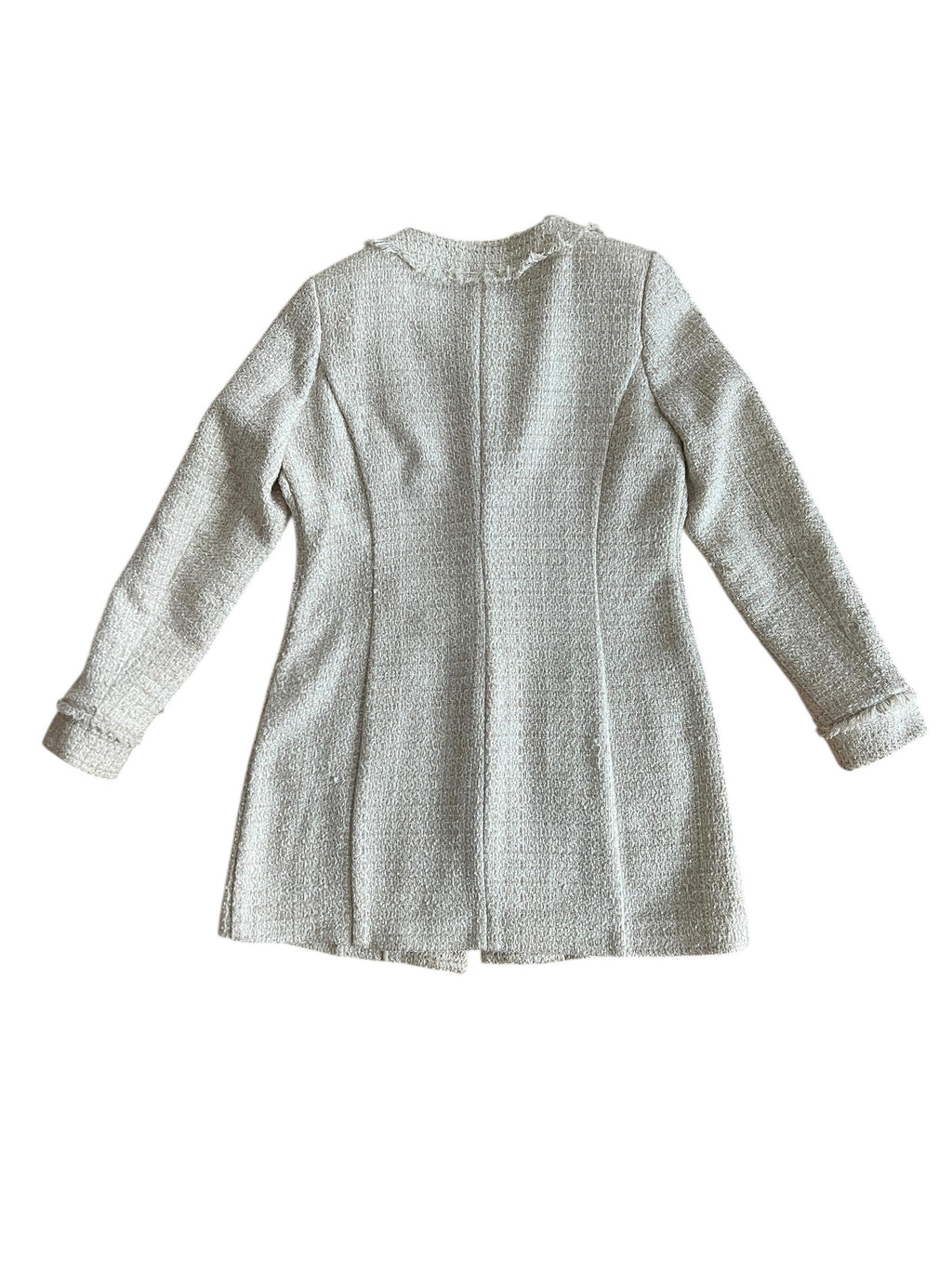 Giacca Bouclé Panna con Frange e Tasche Applicate