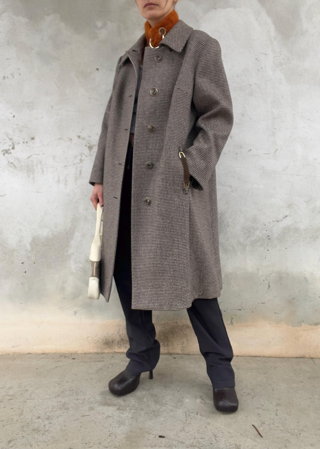 Cappotto Vintage Pied-de-Poule Marrone in Lana