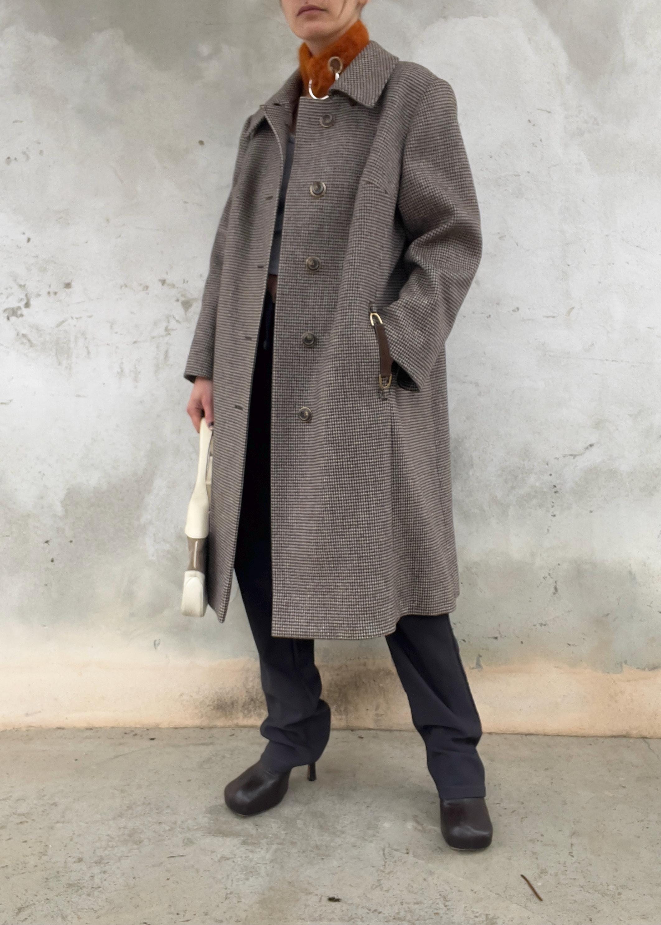 Cappotto Vintage Pied-de-Poule Marrone in Lana