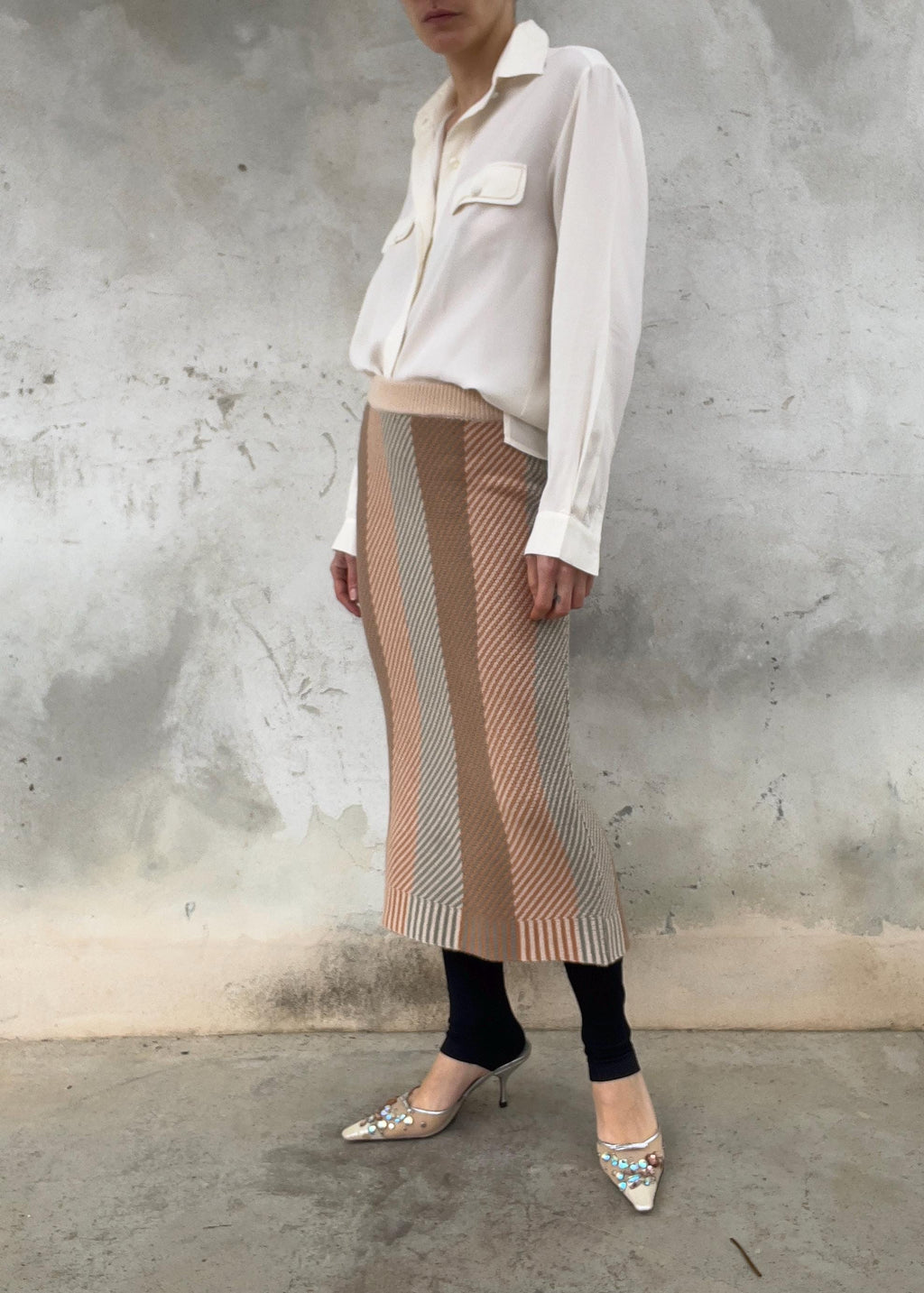 Gonna in maglia midi dai colori cipria, marrone e grigio
