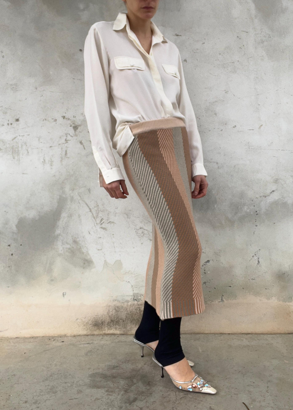 Gonna in maglia midi dai colori cipria, marrone e grigio