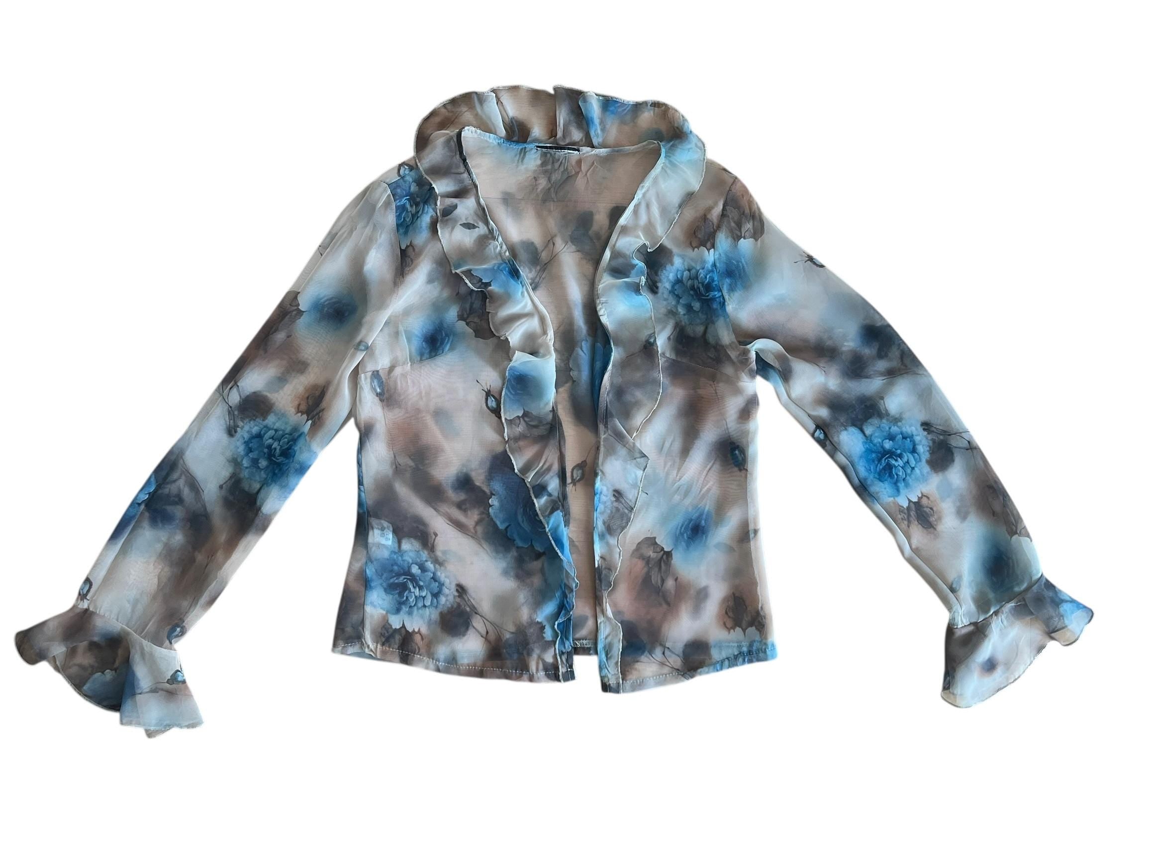 Camicia vintage semitrasparente con fiori blu e Rouches sul collo e manica