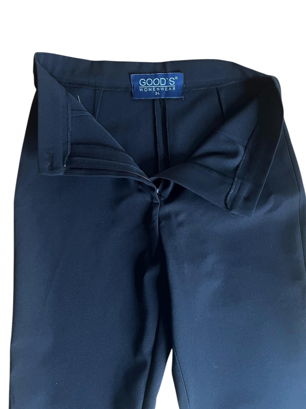 Pantaloni in tessuto nero stretch, a vita alta con gamba dritta