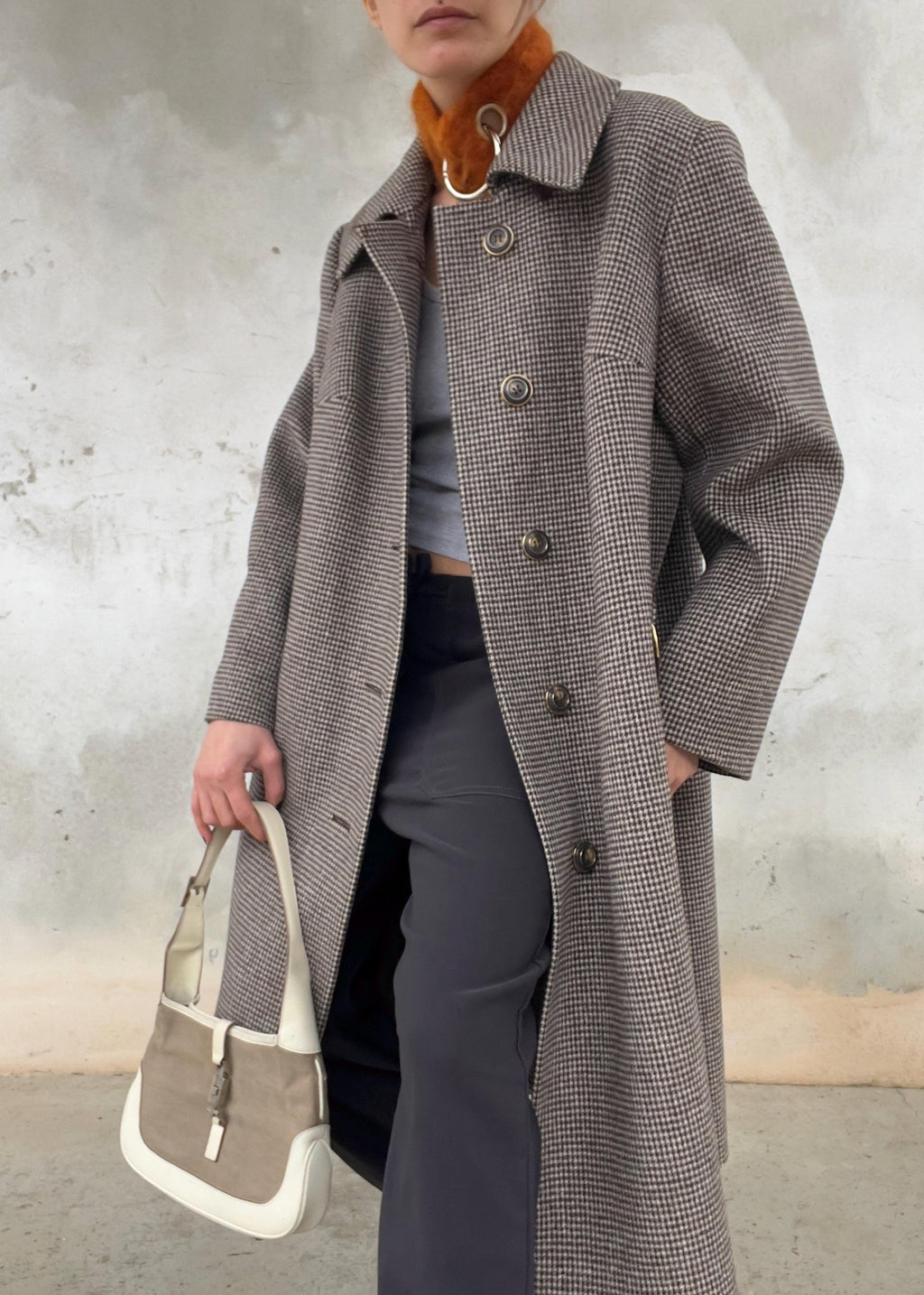 Cappotto Vintage Pied-de-Poule Marrone in Lana