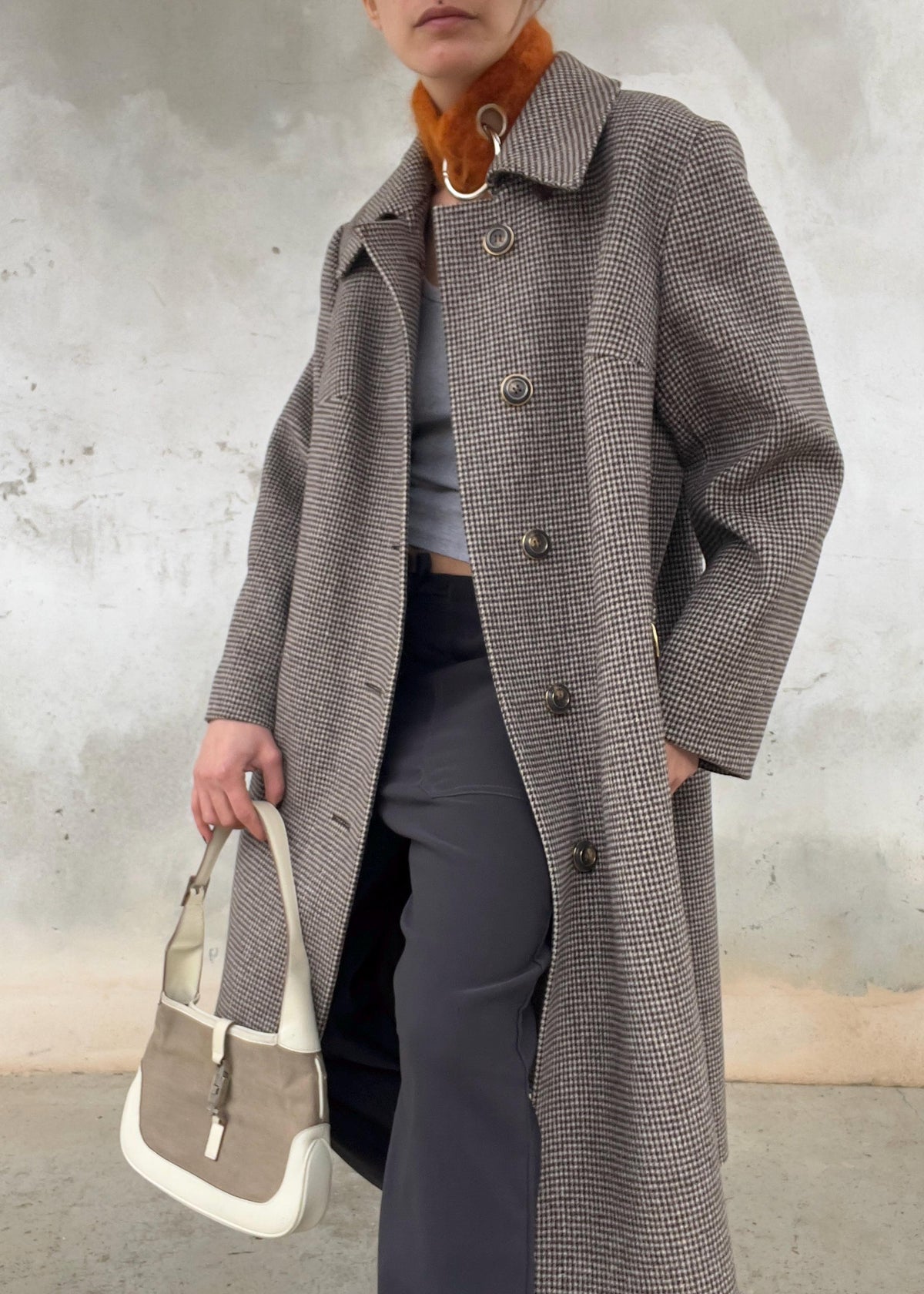 Cappotto Vintage Pied-de-Poule Marrone in Lana