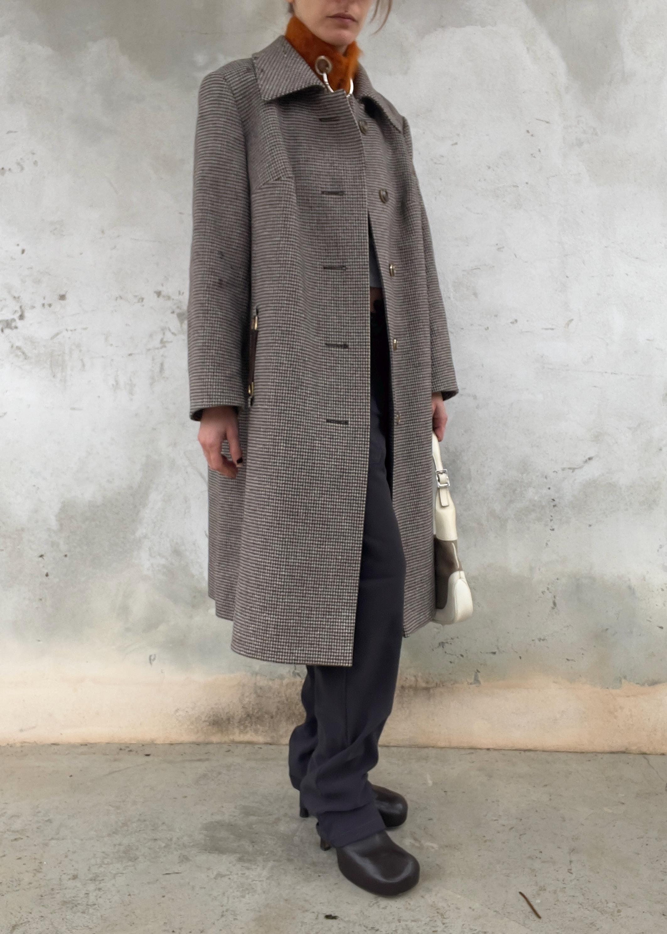 Cappotto Vintage Pied-de-Poule Marrone in Lana