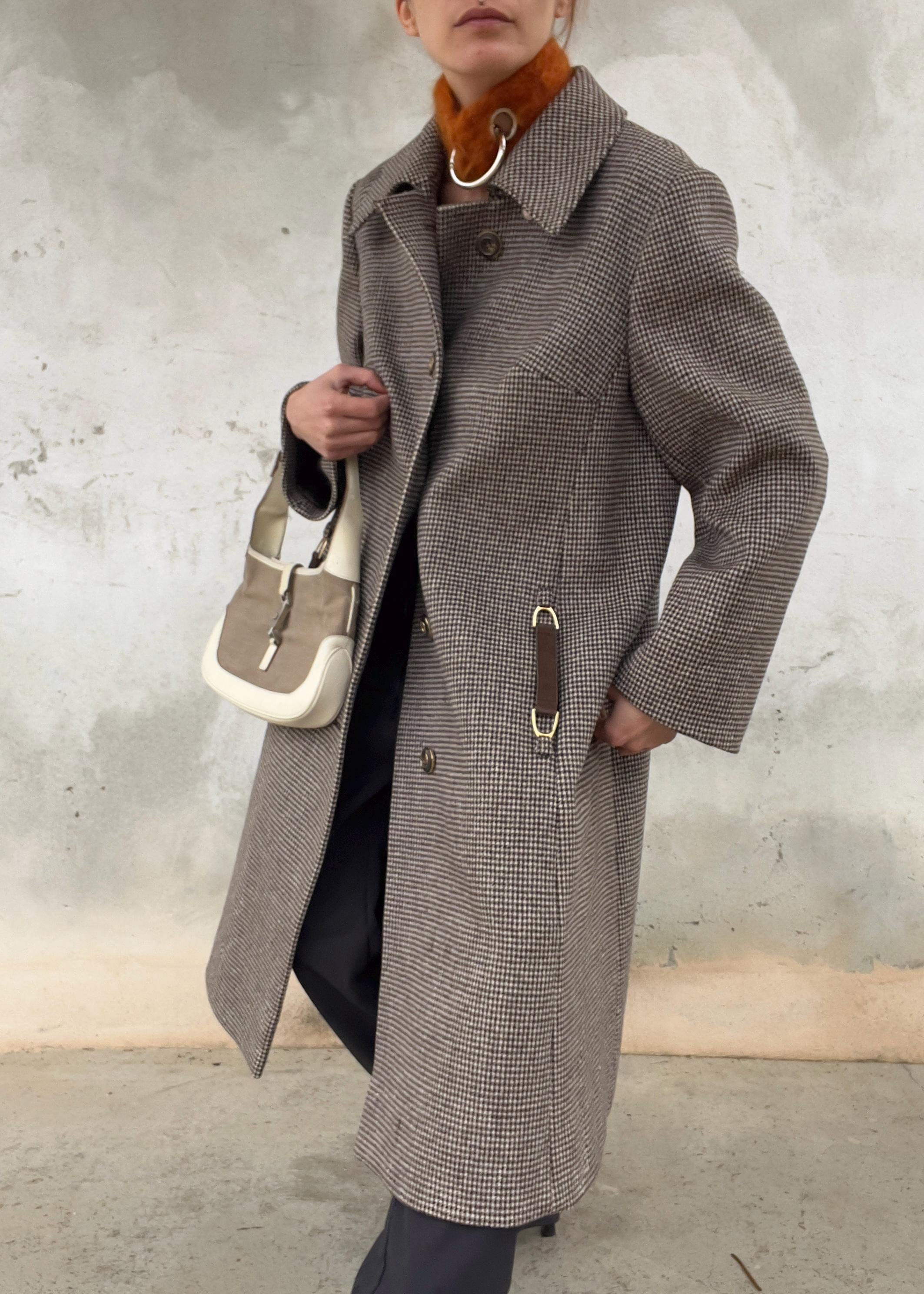 Cappotto Vintage Pied-de-Poule Marrone in Lana