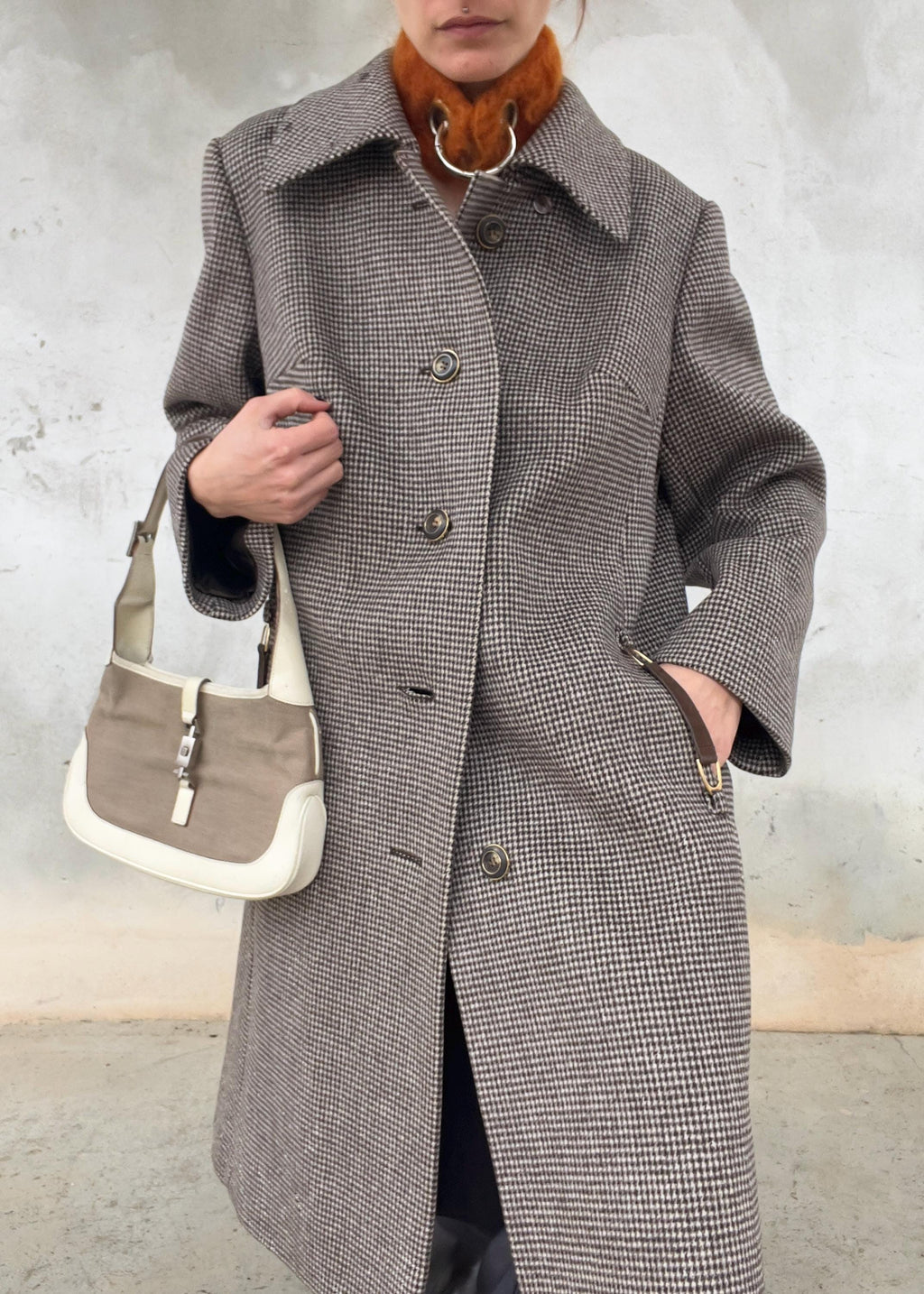 Cappotto Vintage Pied-de-Poule Marrone in Lana