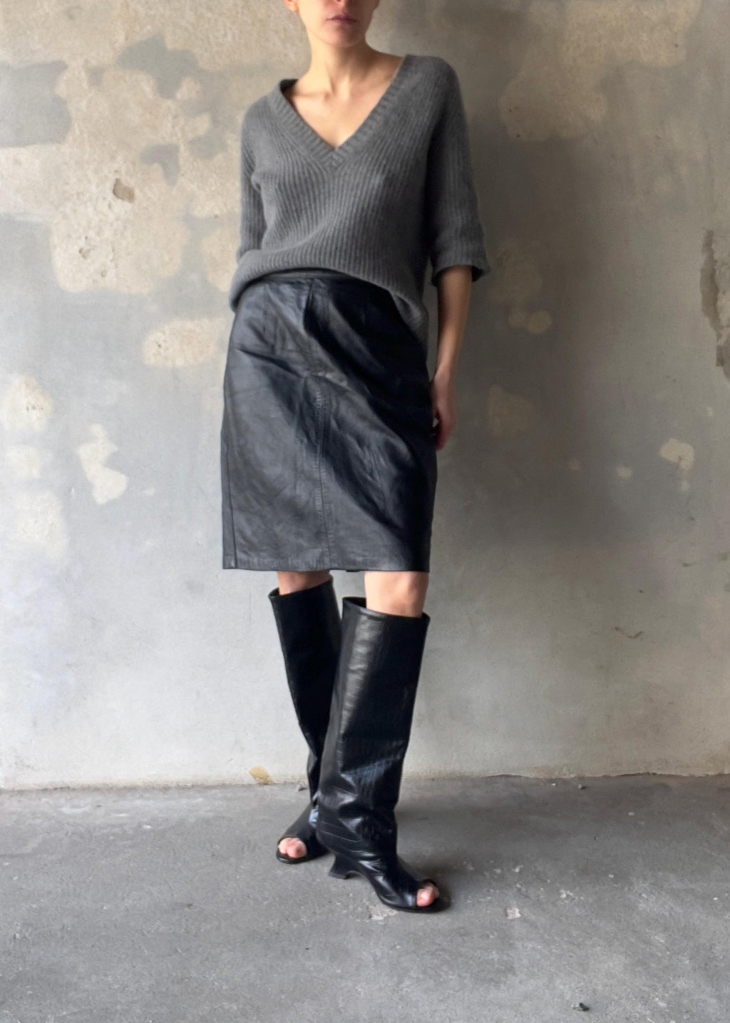 Gonna vintage di pelle vera nera