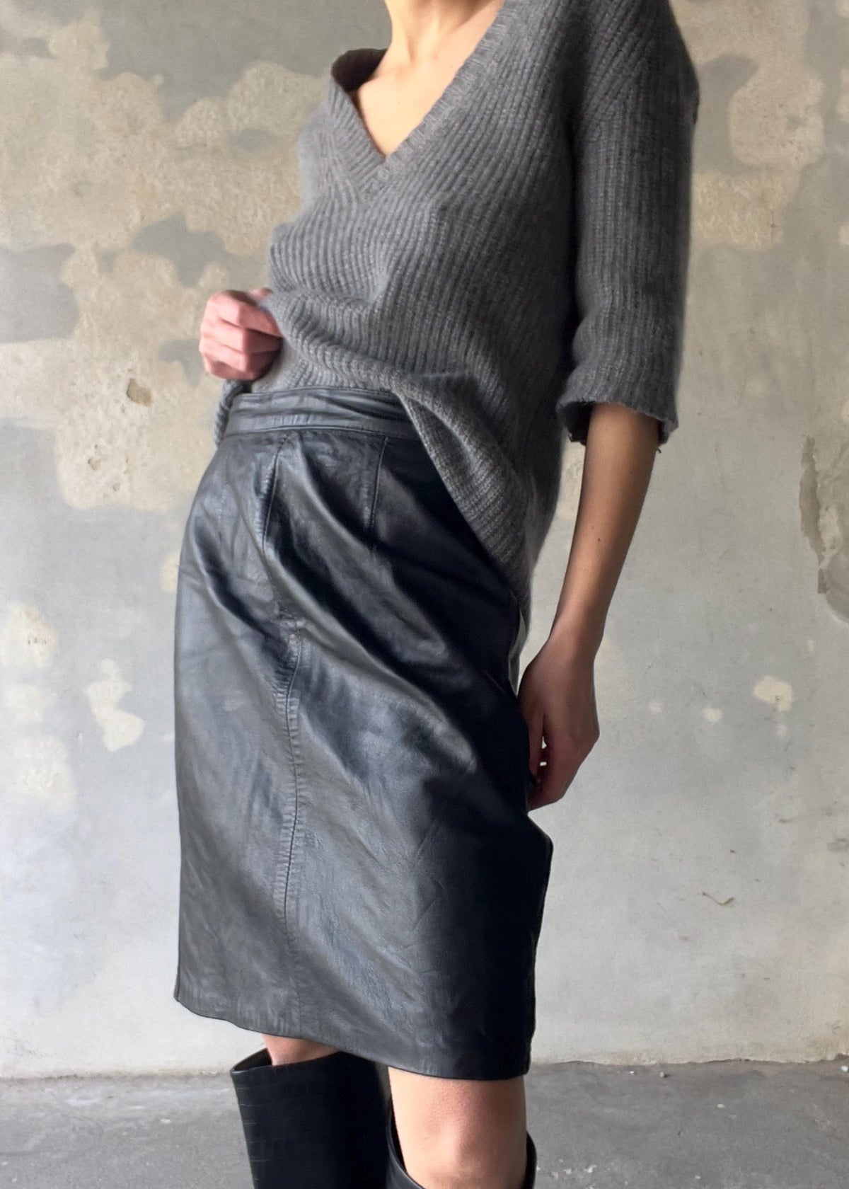 Gonna vintage di pelle vera nera