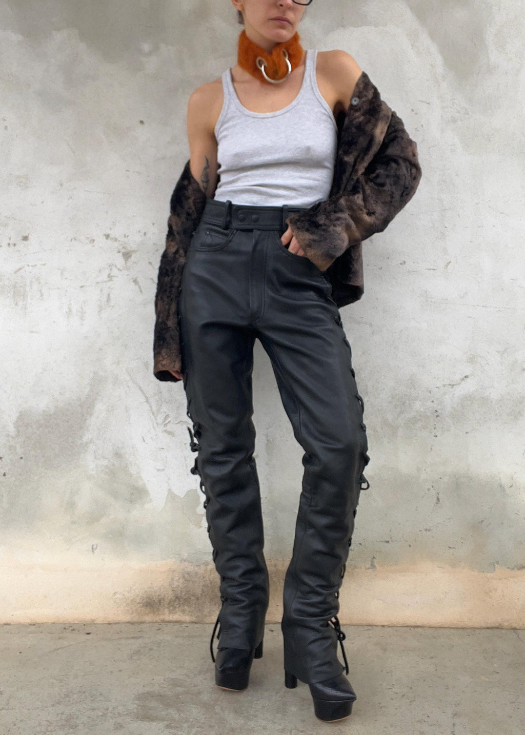 Pantaloni in pelle Motor Bike con lacci