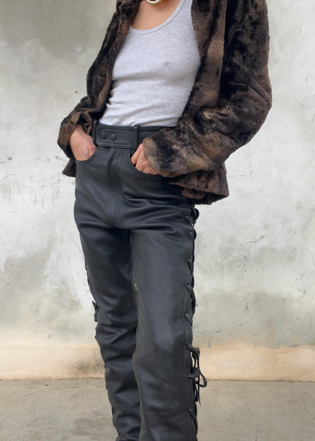 Pantaloni in pelle Motor Bike con lacci