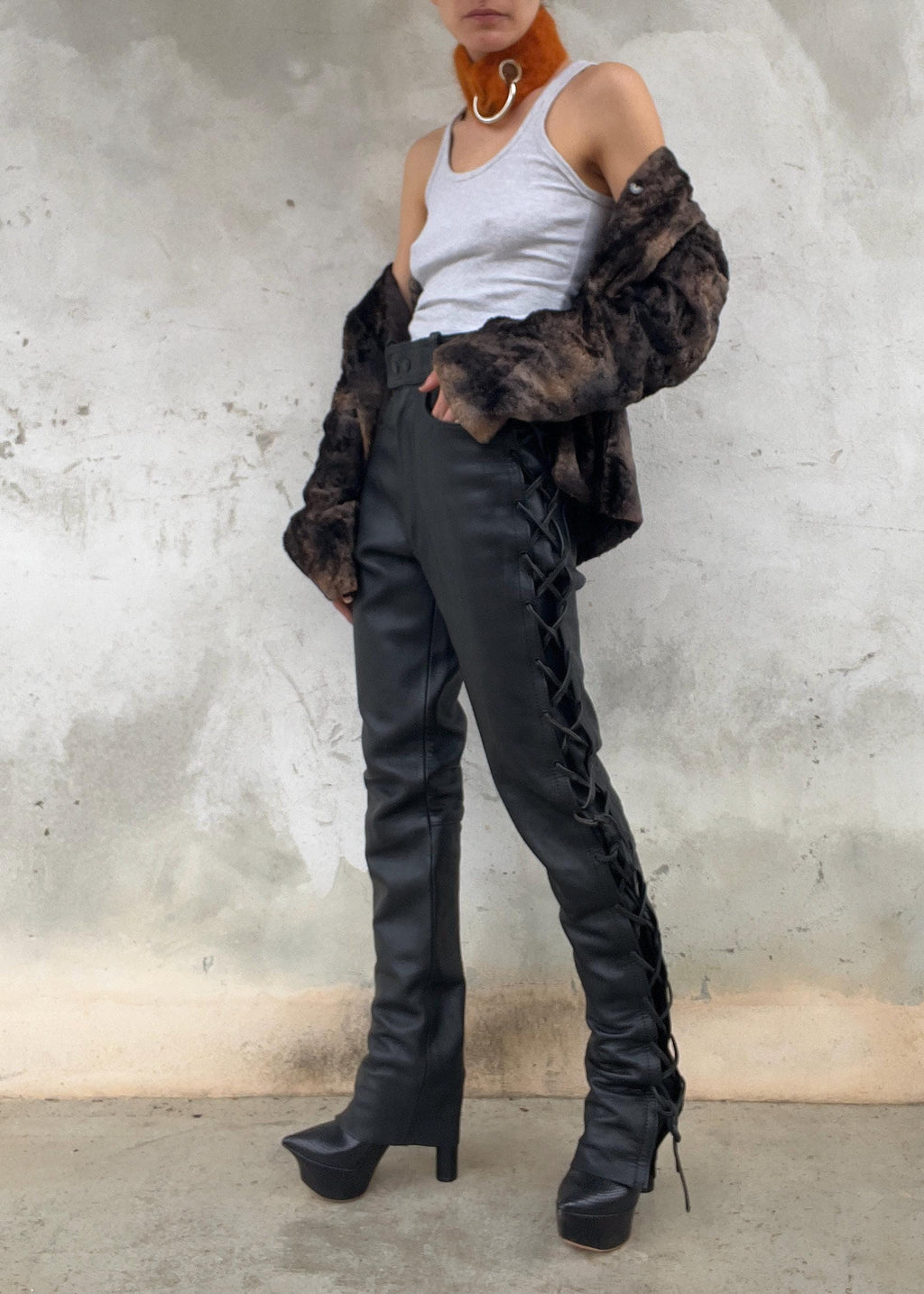 Pantaloni in pelle Motor Bike con lacci
