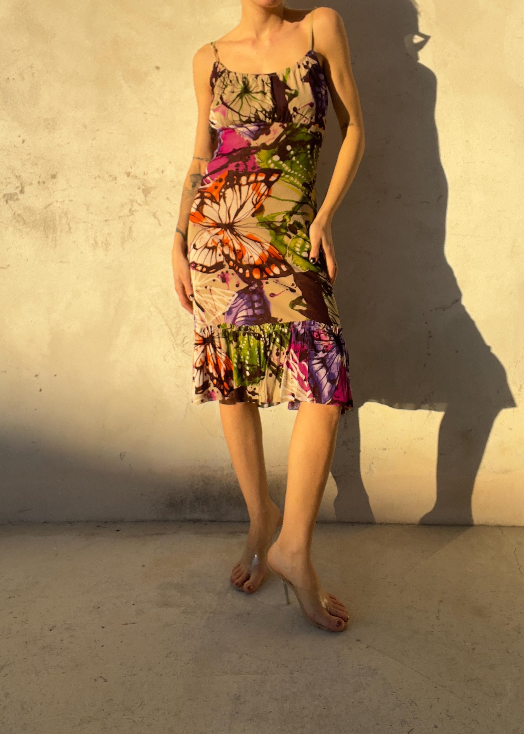 Abito vintage di mesh stampata con fantasia multicolore con farfalle