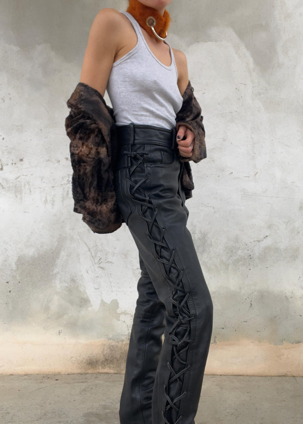 Pantaloni in pelle Motor Bike con lacci