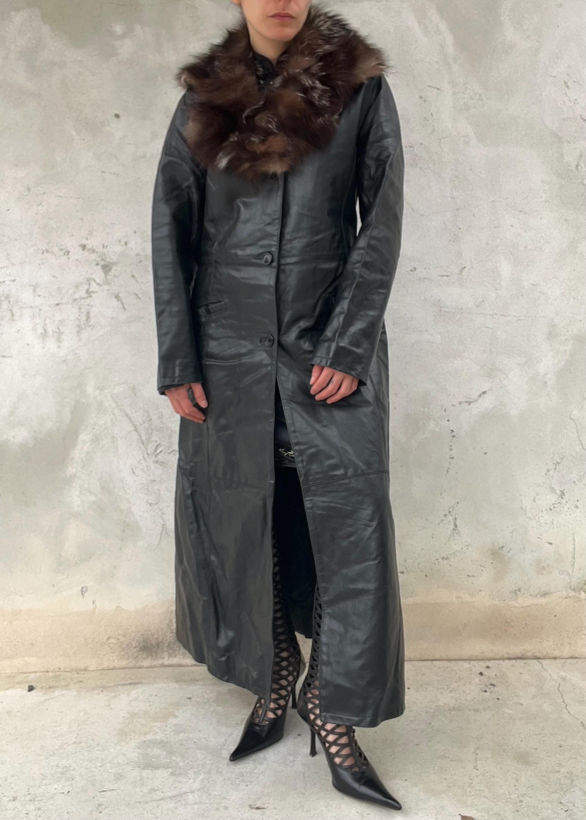 Cappotto Vintage Lungo in Pelle con Collo in Pelliccia