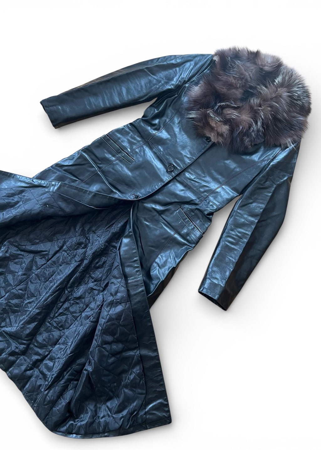 Cappotto Vintage Lungo in Pelle con Collo in Pelliccia