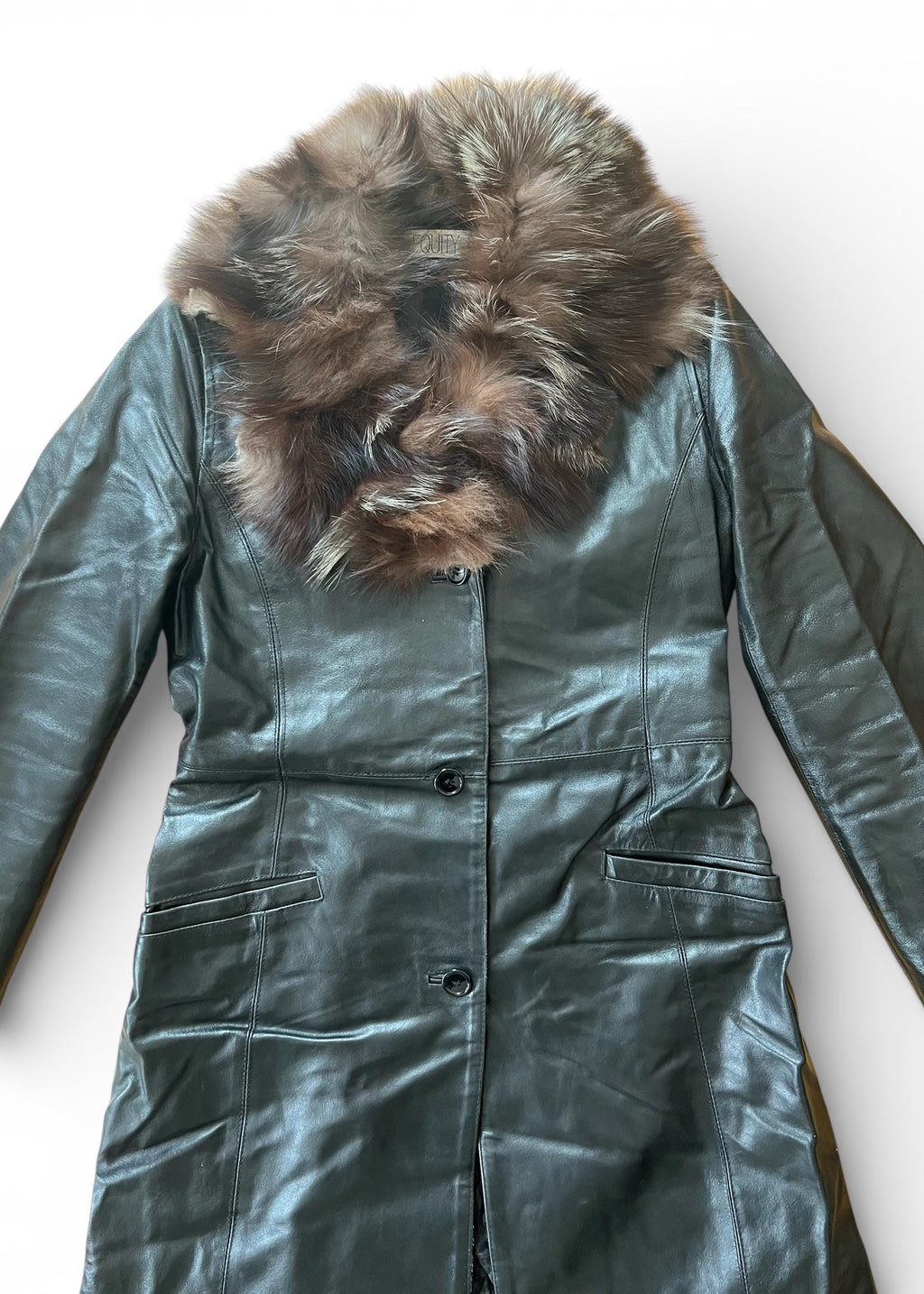 Cappotto Vintage Lungo in Pelle con Collo in Pelliccia