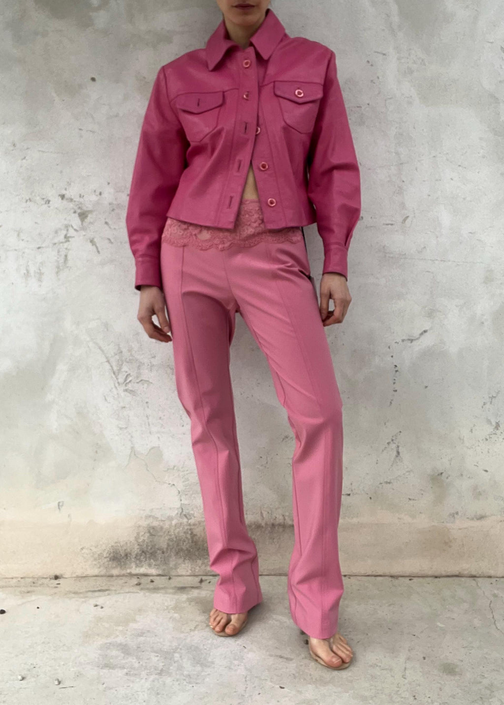 Pantaloni Blumarine vintage rosa con vita in pizzo, pantaloni Y2K vita bassa designer