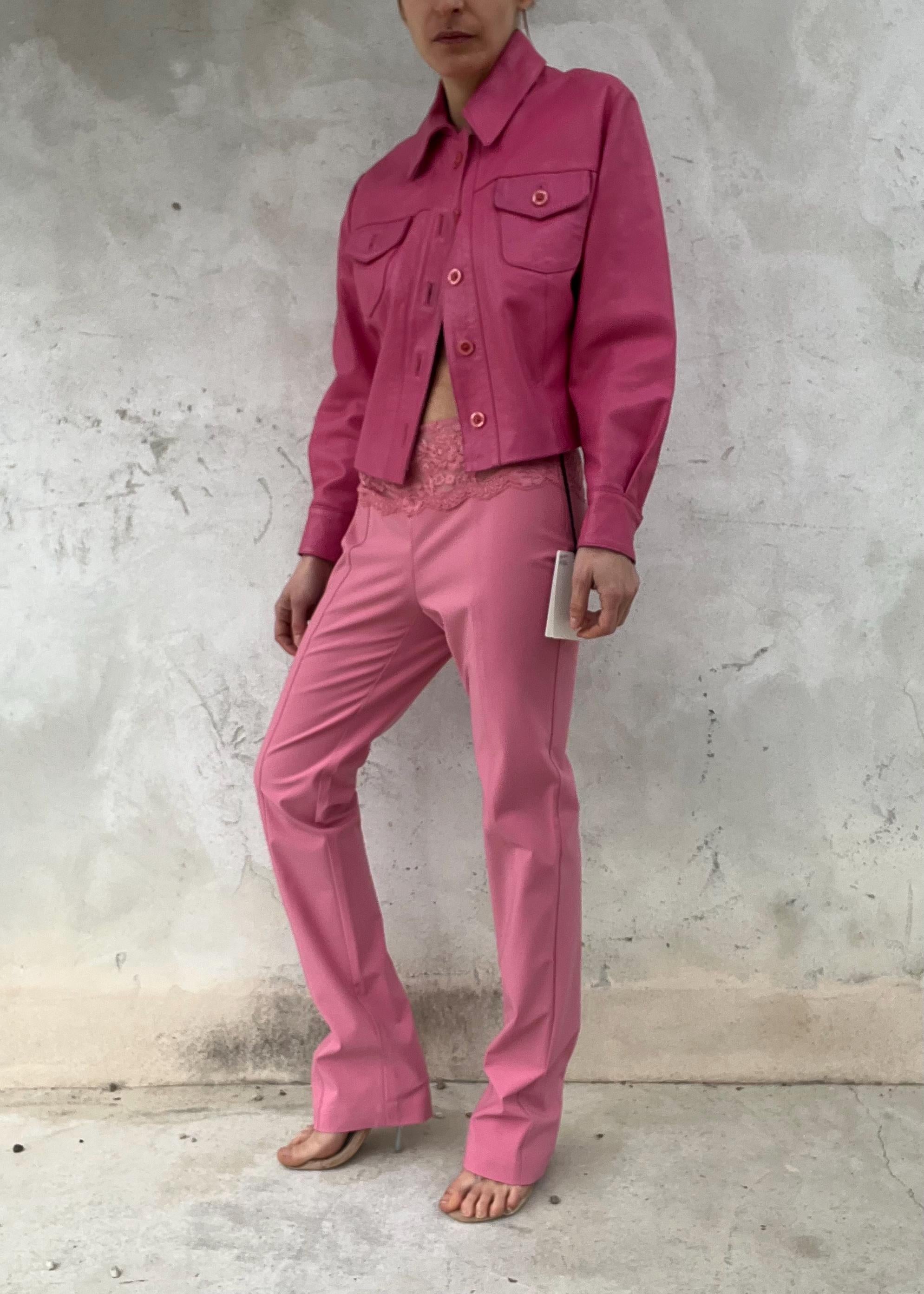 Pantaloni Blumarine vintage rosa con vita in pizzo, pantaloni Y2K vita bassa designer