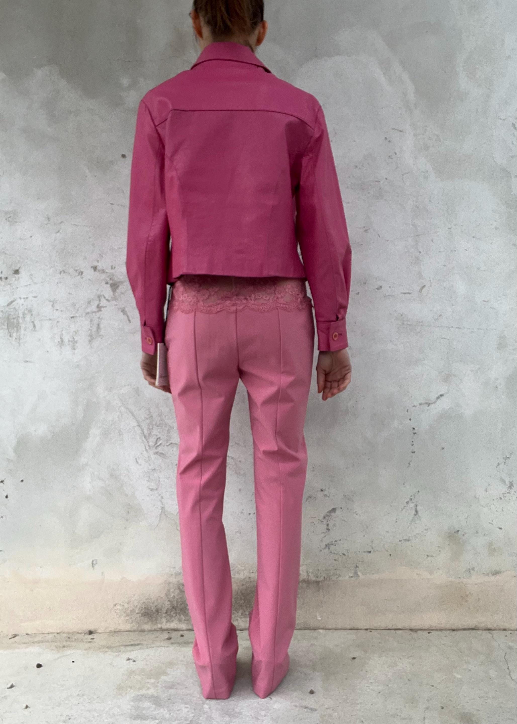 Pantaloni Blumarine vintage rosa con vita in pizzo, pantaloni Y2K vita bassa designer