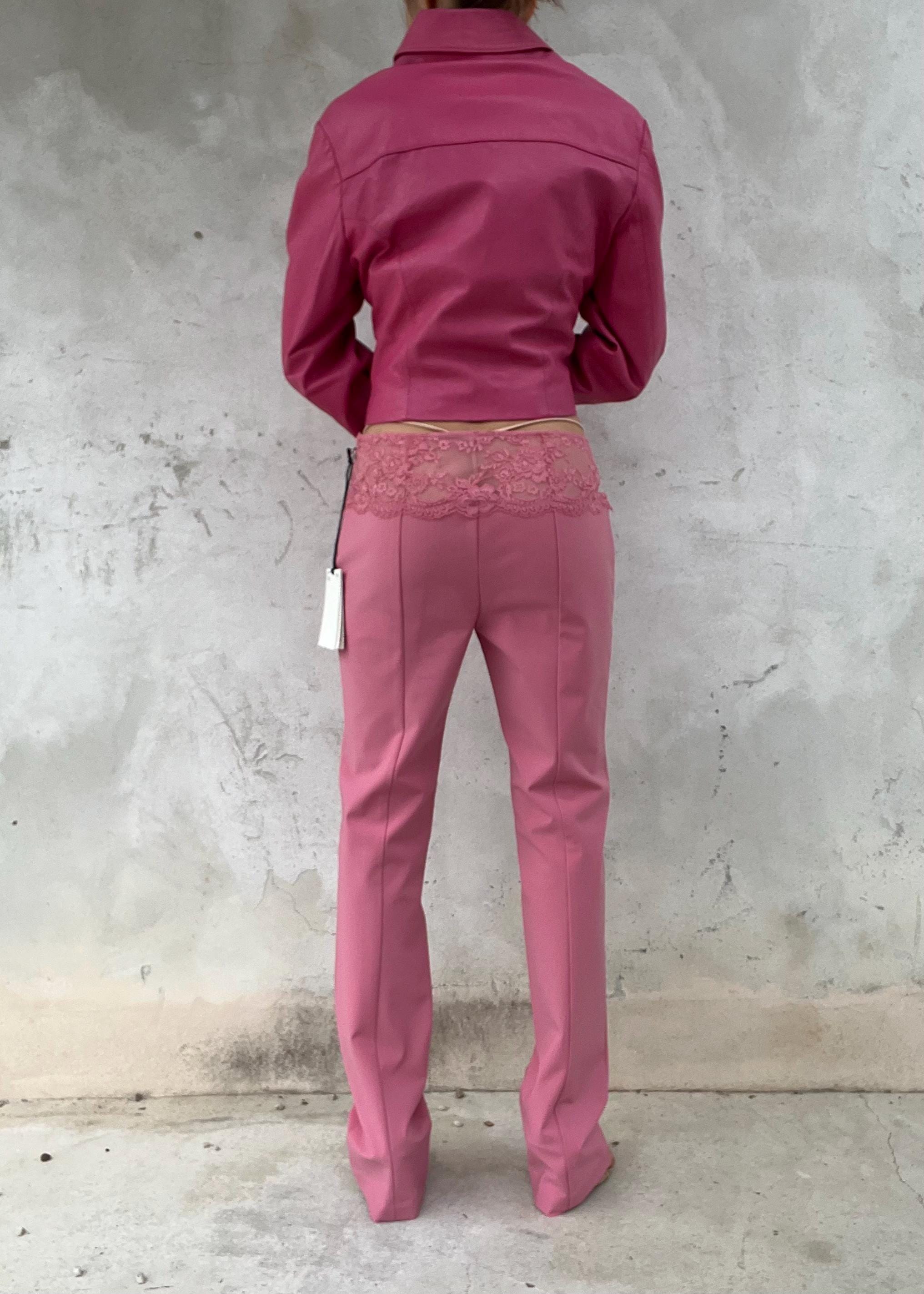 Pantaloni Blumarine vintage rosa con vita in pizzo, pantaloni Y2K vita bassa designer