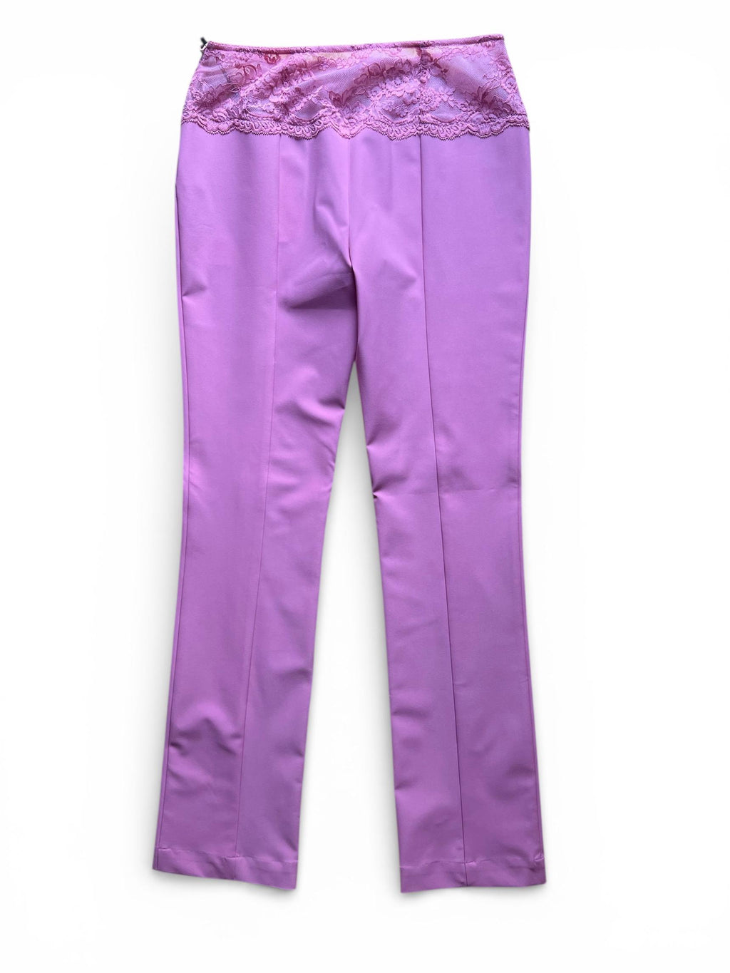 Pantaloni Blumarine vintage rosa con vita in pizzo, pantaloni Y2K vita bassa designer