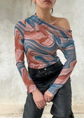 Top mesh stampa marmorizzata, top monospalla trasparente stile Y2K