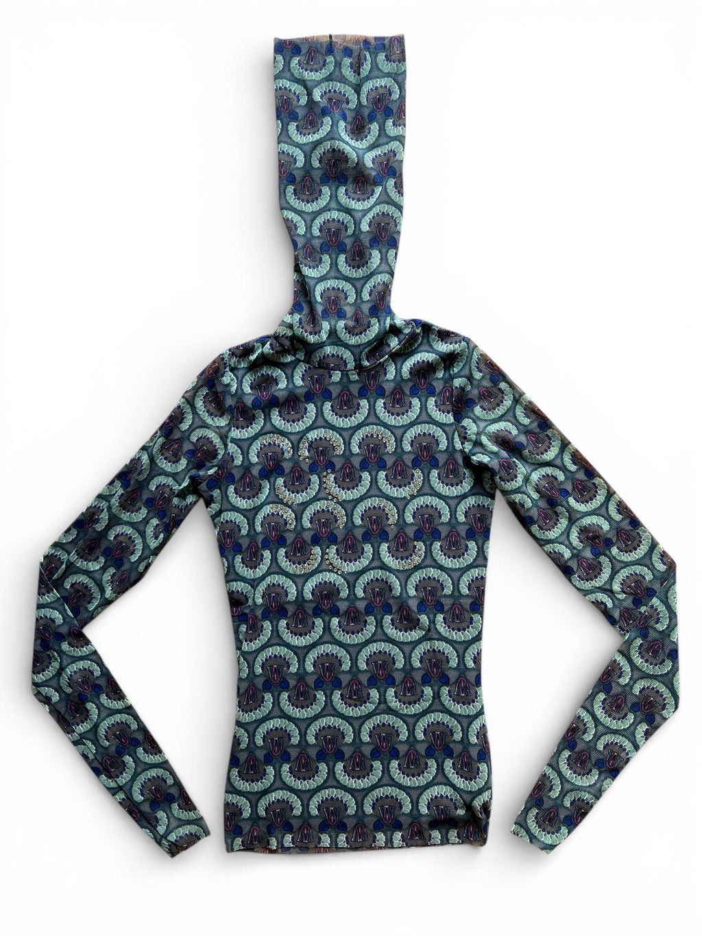 Top mesh collo alto con cristalli, top trasparente stampato stile Y2K