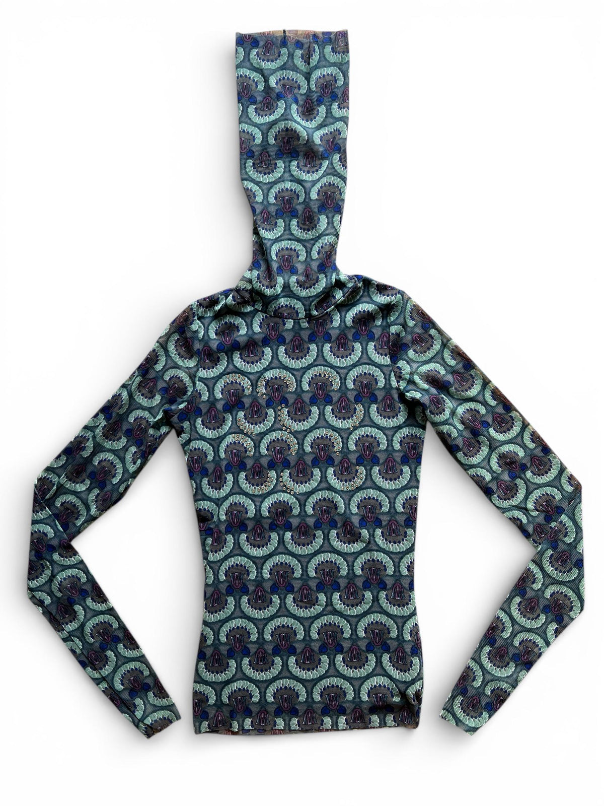 Top mesh collo alto con cristalli, top trasparente stampato stile Y2K
