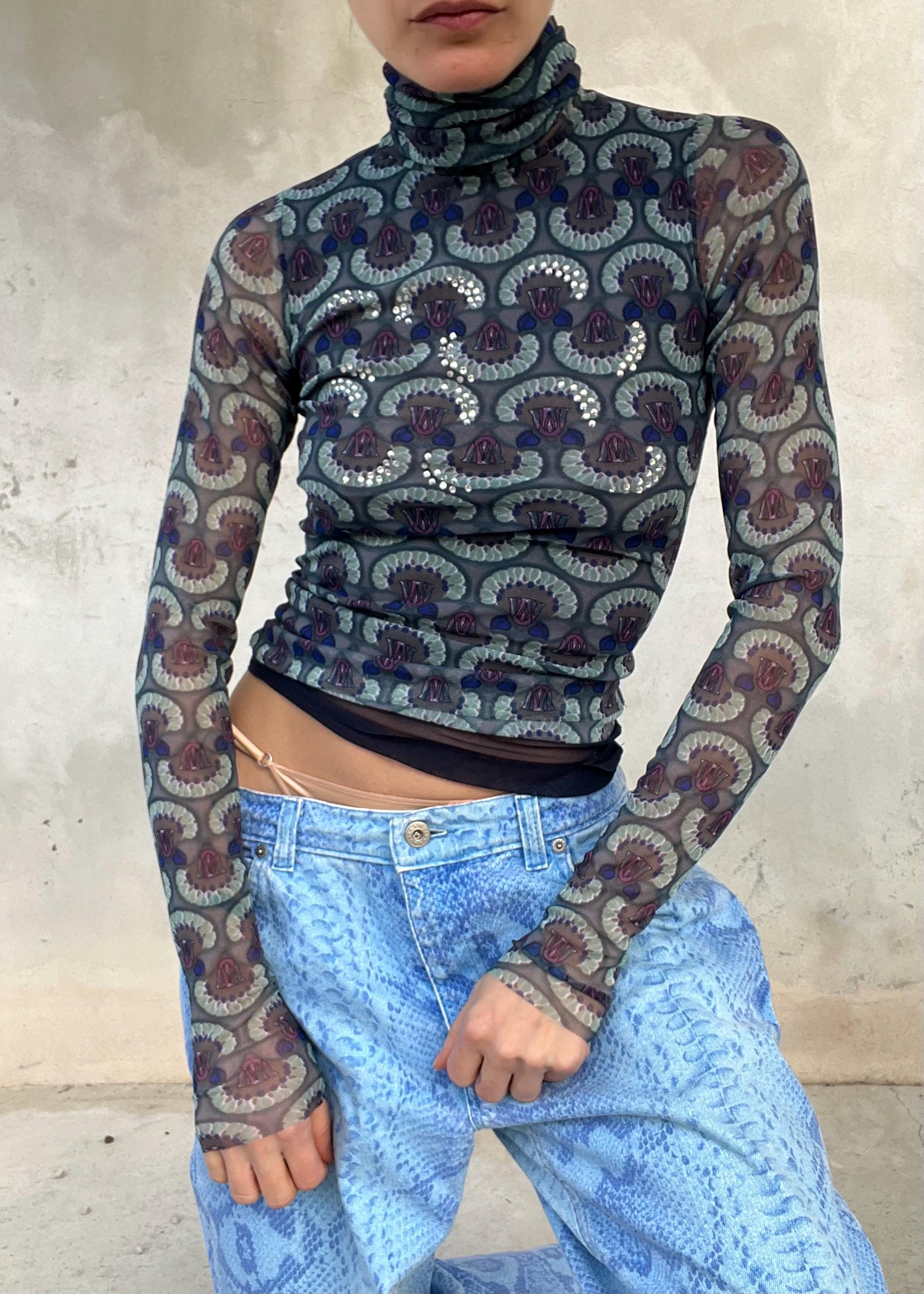 Top mesh collo alto con cristalli, top trasparente stampato stile Y2K