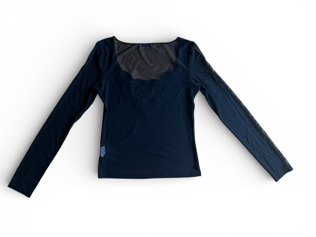 Top mesh nero con strass, maglia trasparente elegante stile Y2K
