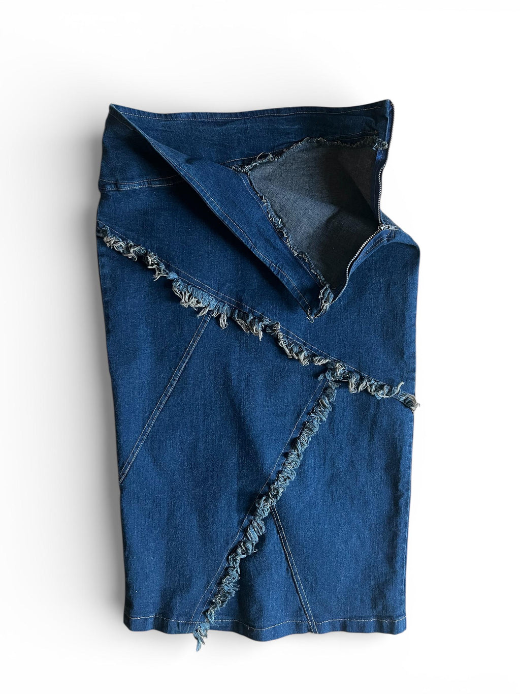 Gonna denim Y2K asimmetrica, gonna midi in jeans stile decostruito