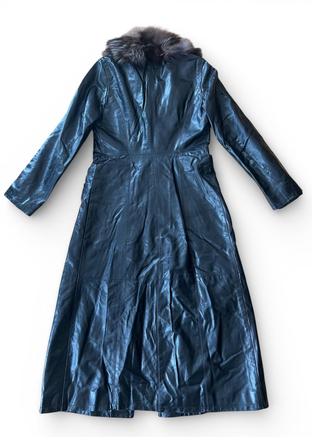 Cappotto Vintage Lungo in Pelle con Collo in Pelliccia