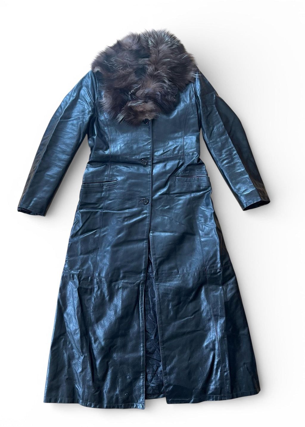 Cappotto Vintage Lungo in Pelle con Collo in Pelliccia