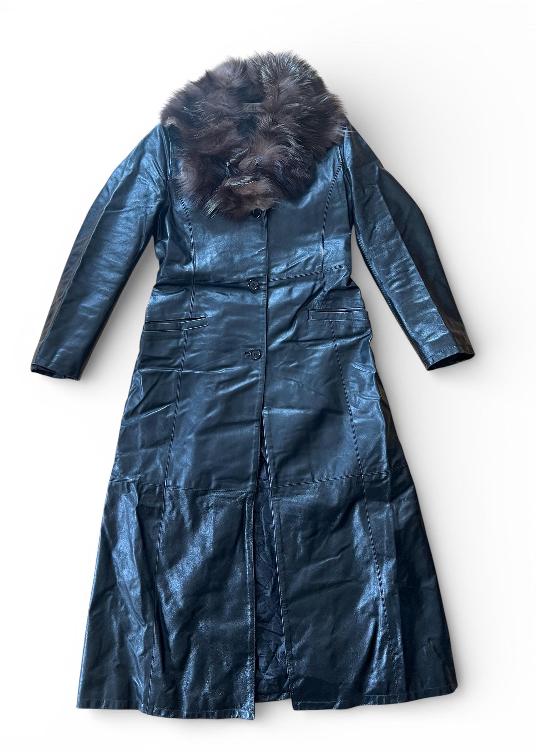 Cappotto Vintage Lungo in Pelle con Collo in Pelliccia