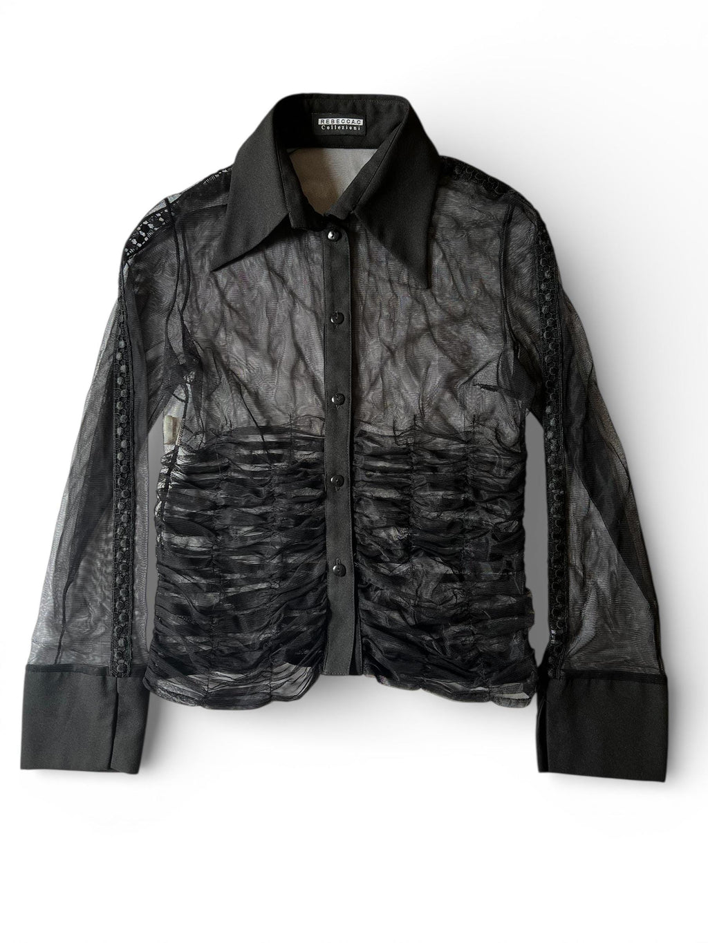 Camicia Trasparente Nera Vintage Mesh con Drappeggio