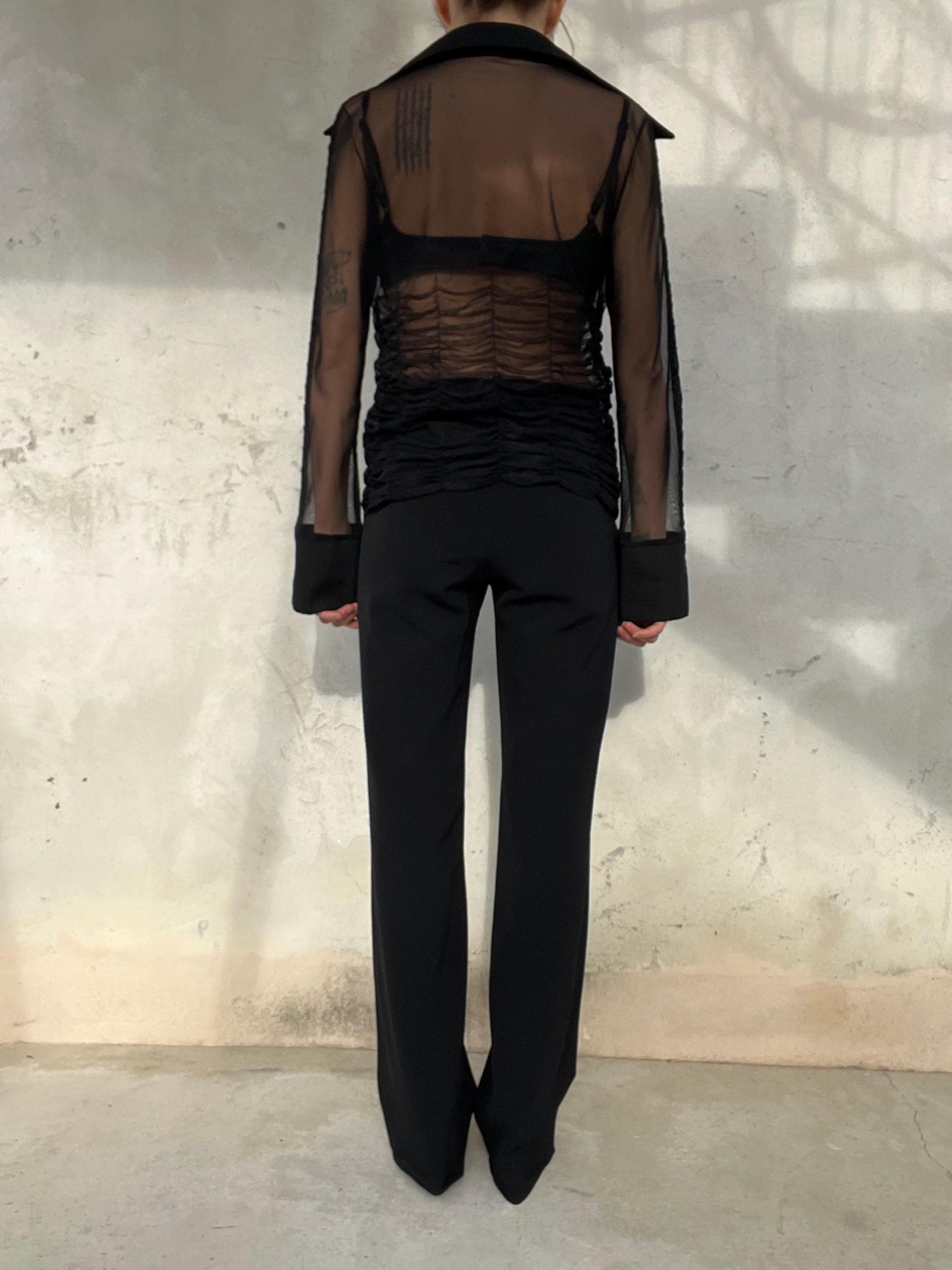 Camicia Trasparente Nera Vintage Mesh con Drappeggio