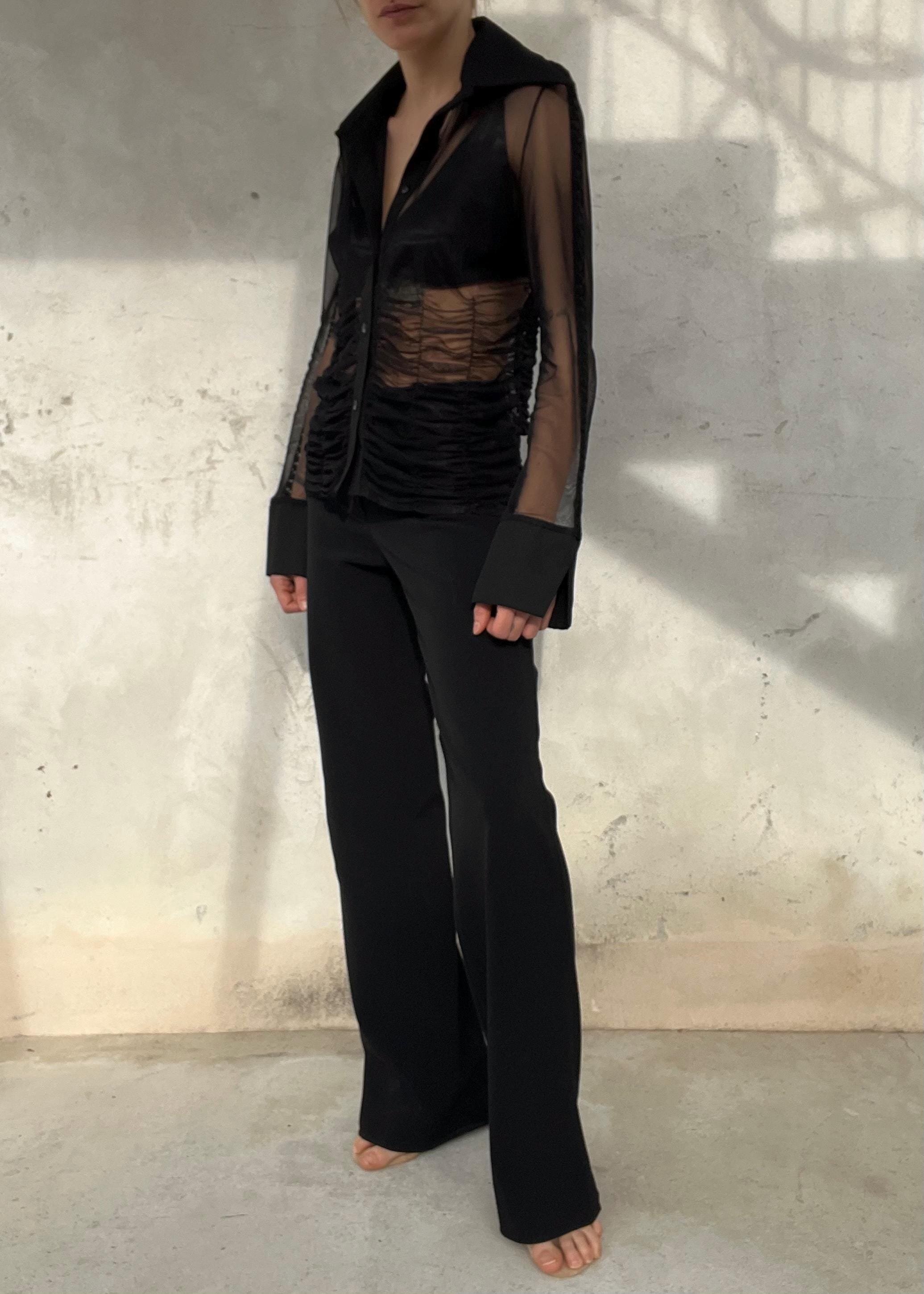 Camicia Trasparente Nera Vintage Mesh con Drappeggio