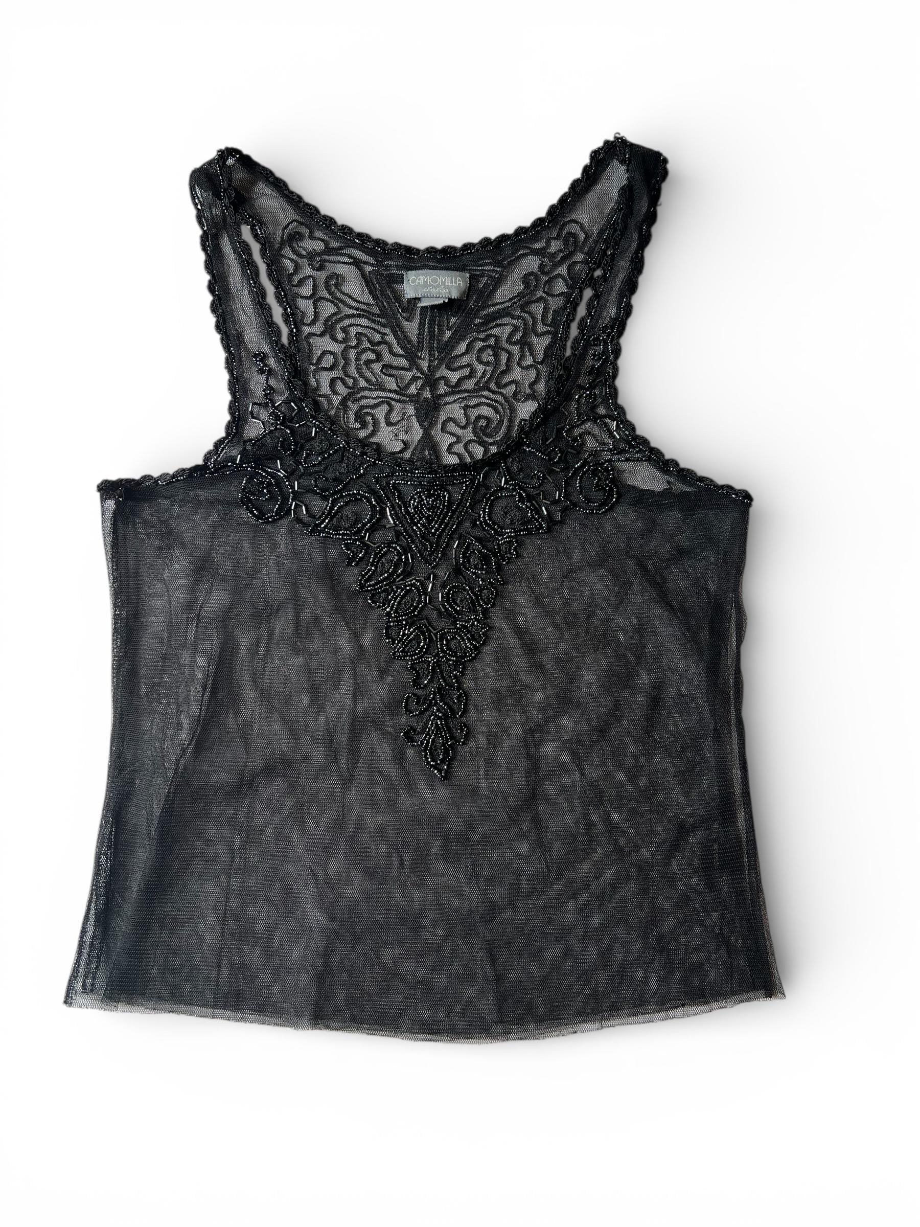 Top Nero Trasparente Vintage con Ricami e Perline