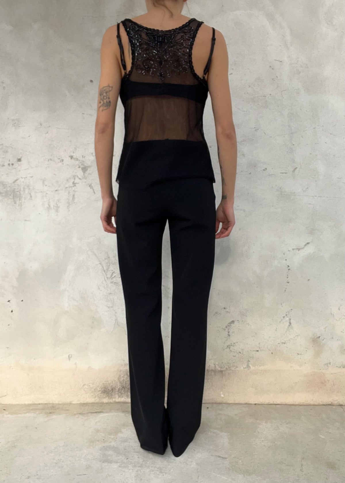 Top Nero Trasparente Vintage con Ricami e Perline