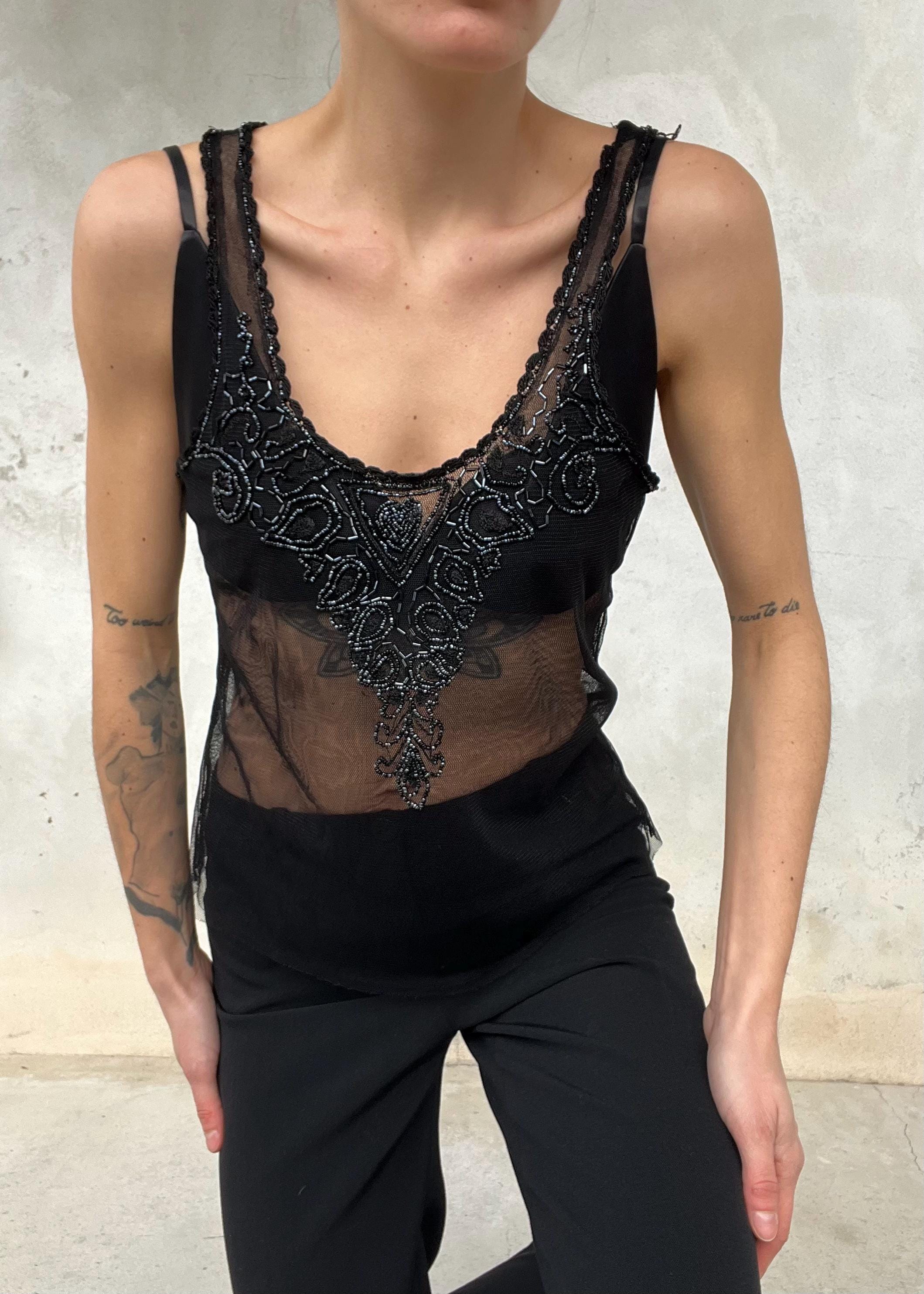 Top Nero Trasparente Vintage con Ricami e Perline