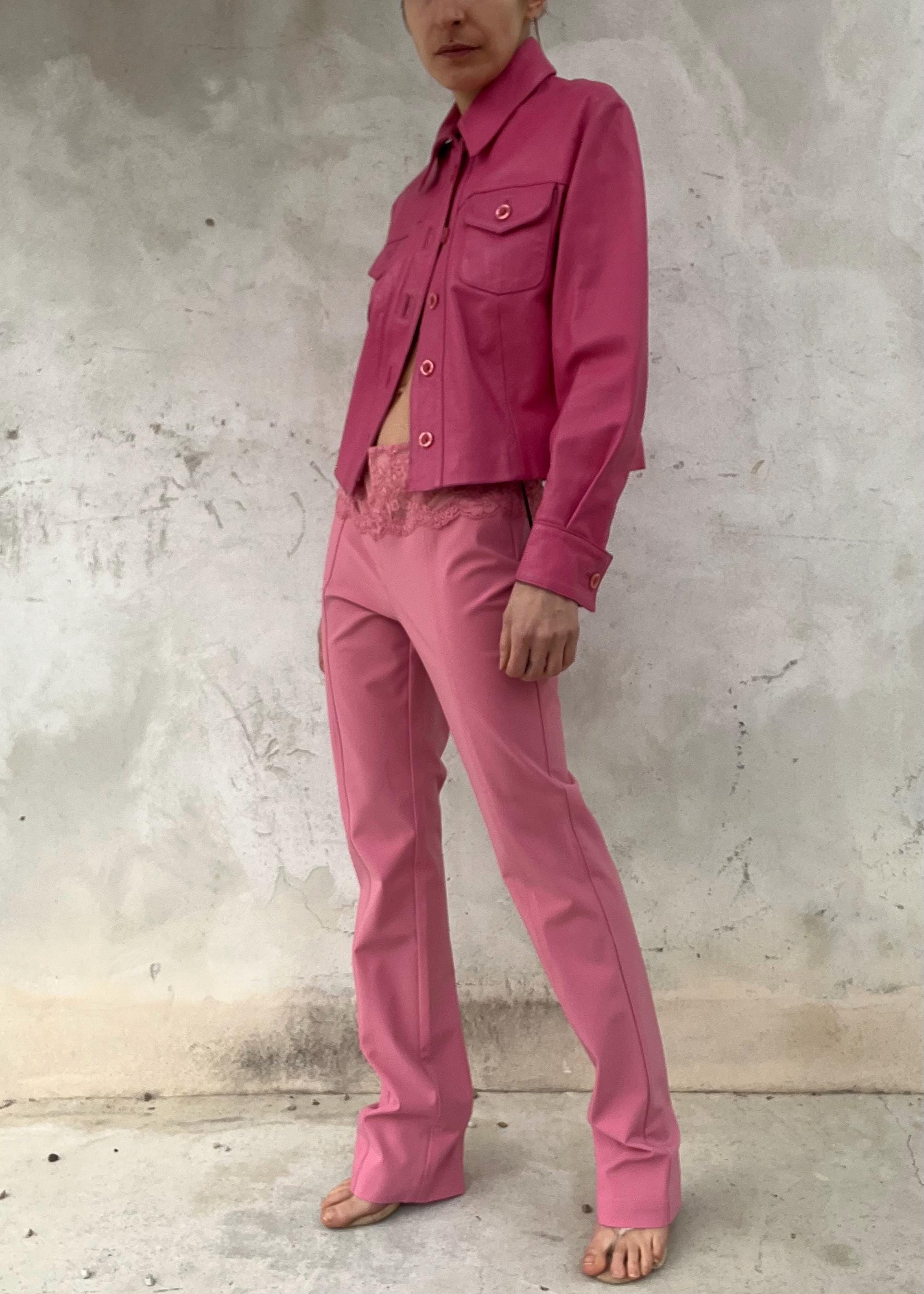 Pantaloni Blumarine vintage rosa con vita in pizzo, pantaloni Y2K vita bassa designer