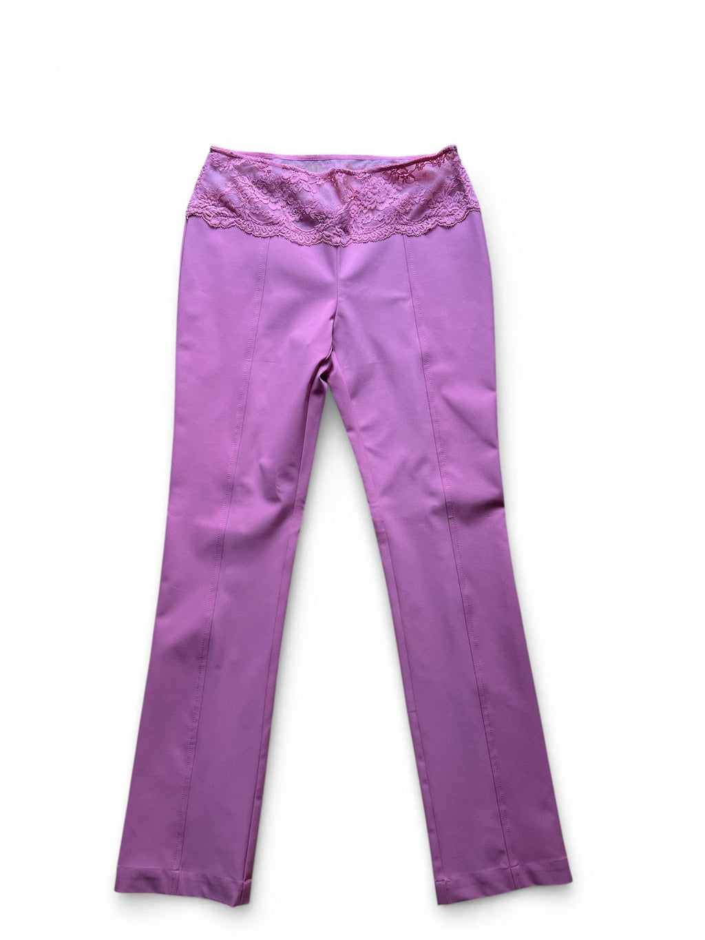 Pantaloni Blumarine vintage rosa con vita in pizzo, pantaloni Y2K vita bassa designer
