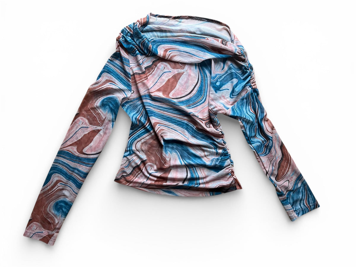 Top mesh stampa marmorizzata, top monospalla trasparente stile Y2K